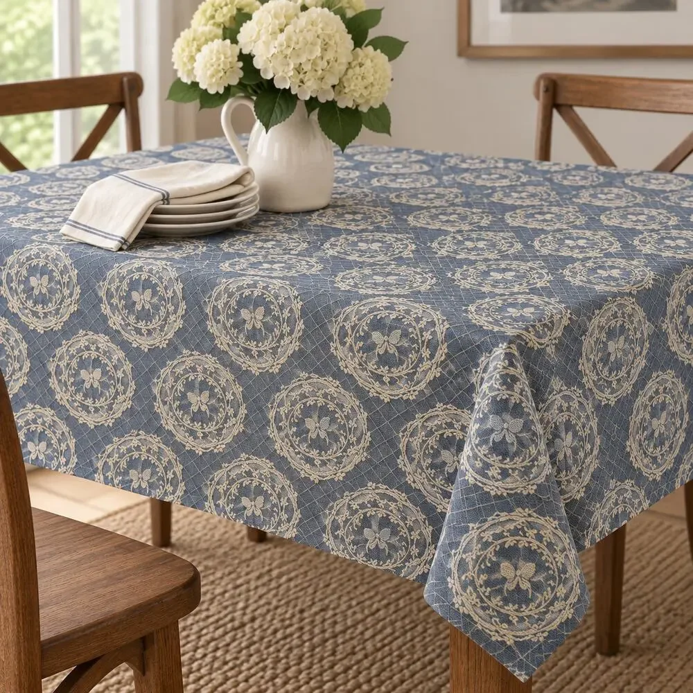 Wedgwood Style Blue White Cotton Tablecloth Jasperware Medallion 58x79